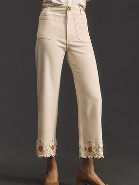 Blue Velvet High-Rise Cream Wide Leg Pants with Floral Cutout Hem
